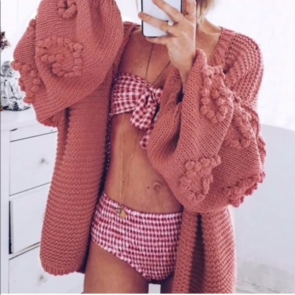 Sweaters - Balloon Sleeve Knit Cardigan - PINK